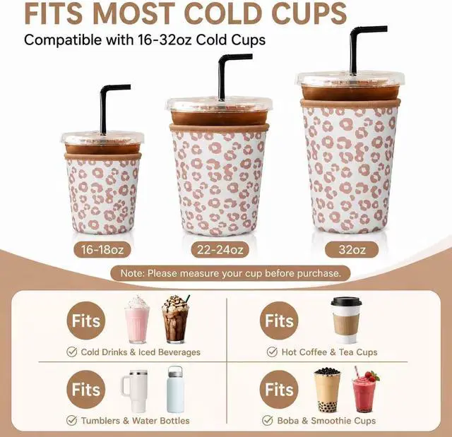 Alt view image 3 of 7 - 3Pcs Reusable Ice Coffee Cup Sleeves for Cold Drink 16-32oz(Leopard) | Insulated Neoprene Sleeve for Iced Coffee Cups, Beverage Holder Drink Sleeves for 16/18/22/24/32oz