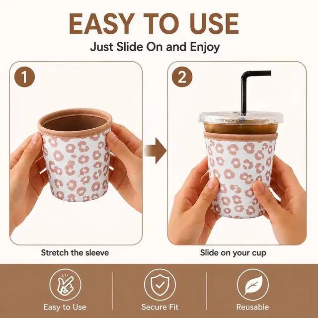 Alt view image 7 of 7 - 3Pcs Reusable Ice Coffee Cup Sleeves for Cold Drink 16-32oz(Leopard) | Insulated Neoprene Sleeve for Iced Coffee Cups, Beverage Holder Drink Sleeves for 16/18/22/24/32oz