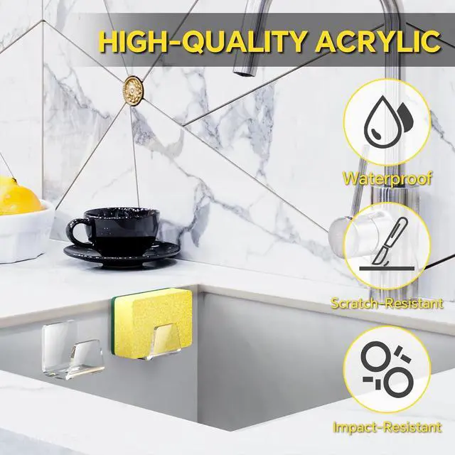 Alt view image 3 of 7 - NiHome Acrylic Sponge Holder for Kitchen Sink, No-Drill Caddy, Clear | Self-Draining Design Dries Fast, Adhesive Mount For Scrubbers, Cloths