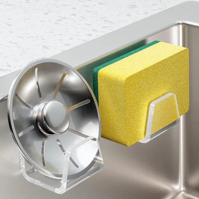 Alt view image 2 of 7 - NiHome Acrylic Sponge Holder for Kitchen Sink, No-Drill Caddy, Clear | Self-Draining Design Dries Fast, Adhesive Mount For Scrubbers, Cloths