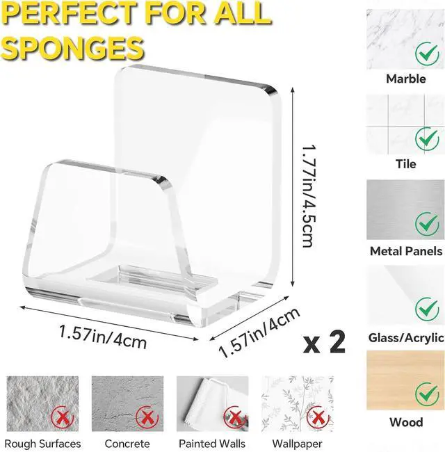 Alt view image 6 of 7 - NiHome Acrylic Sponge Holder for Kitchen Sink, No-Drill Caddy, Clear | Self-Draining Design Dries Fast, Adhesive Mount For Scrubbers, Cloths