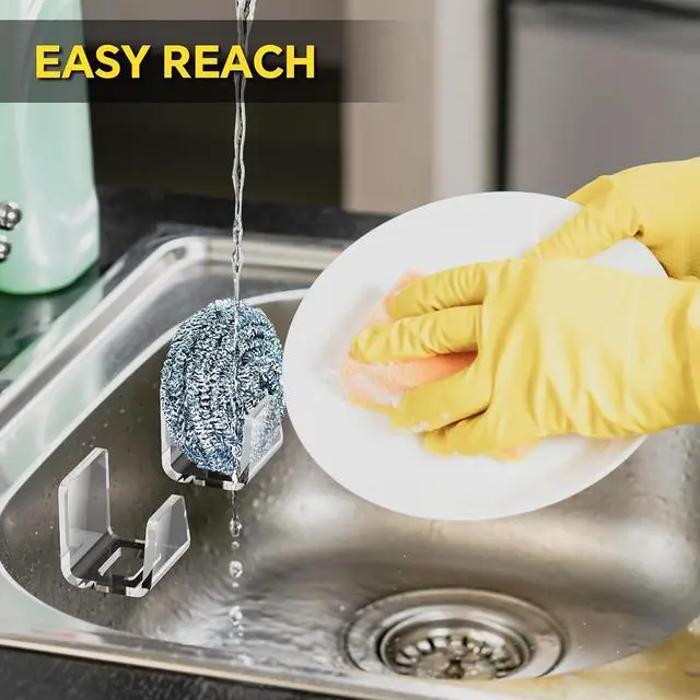 Alt view image 5 of 7 - NiHome Acrylic Sponge Holder for Kitchen Sink, No-Drill Caddy, Clear | Self-Draining Design Dries Fast, Adhesive Mount For Scrubbers, Cloths