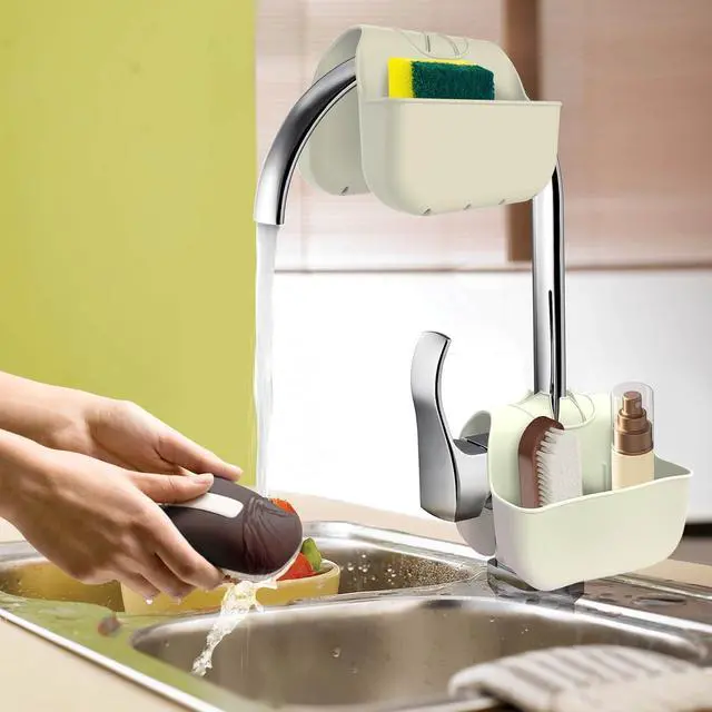Alt view image 7 of 7 - Sponge Holder for Kitchen Sink, Silicone Sink Saddle Caddy Organizer Rack, Sponges Holder Over Faucet, Hanging Kitchen Organizer Accessories Rack Basket Beige