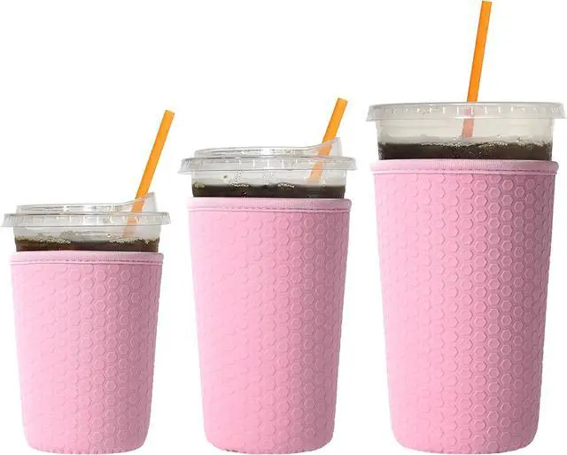 Main image of 3 Pack Reusable Iced Coffee Sleeves - Solid Color Insulator Sleeve for Cold Beverages, Non-slip Neoprene Coffee Cup Holder (Pink)