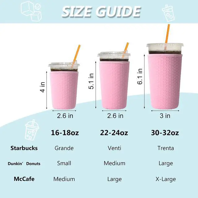 Alt view image 3 of 6 - 3 Pack Reusable Iced Coffee Sleeves - Solid Color Insulator Sleeve for Cold Beverages, Non-slip Neoprene Coffee Cup Holder (Pink)