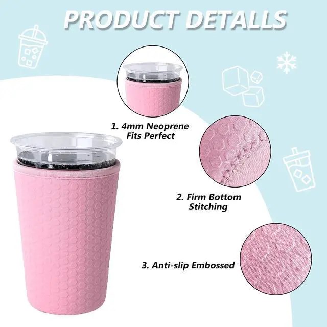 Alt view image 2 of 6 - 3 Pack Reusable Iced Coffee Sleeves - Solid Color Insulator Sleeve for Cold Beverages, Non-slip Neoprene Coffee Cup Holder (Pink)