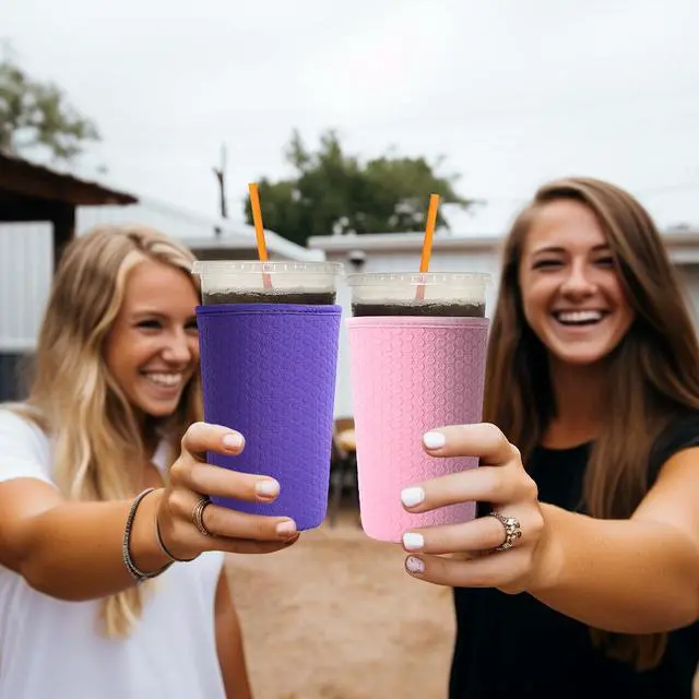 Alt view image 6 of 6 - 3 Pack Reusable Iced Coffee Sleeves - Solid Color Insulator Sleeve for Cold Beverages, Non-slip Neoprene Coffee Cup Holder (Pink)
