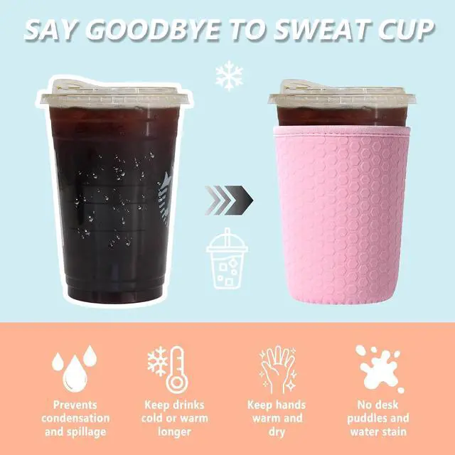 Alt view image 4 of 6 - 3 Pack Reusable Iced Coffee Sleeves - Solid Color Insulator Sleeve for Cold Beverages, Non-slip Neoprene Coffee Cup Holder (Pink)
