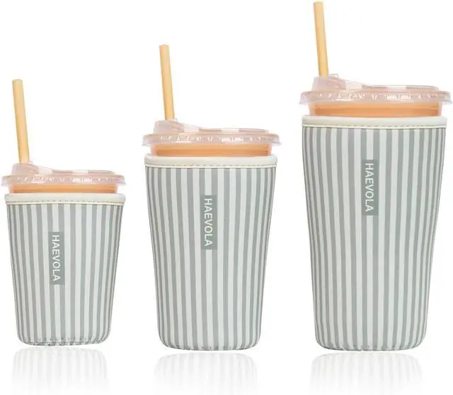 Main image of Reusable Insulated Neoprene Iced Coffee Cup Sleeve, Durable Drink Sleeve for Cold Beverages, Beverage Holder for Iced Coffee, Green Stripes
