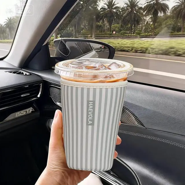 Alt view image 2 of 7 - Reusable Insulated Neoprene Iced Coffee Cup Sleeve, Durable Drink Sleeve for Cold Beverages, Beverage Holder for Iced Coffee, Green Stripes