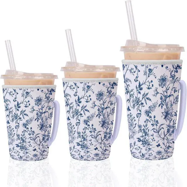 Main image of Blue Floral Reusable Insulated Iced Coffee Cup Sleeve, Blue and White Porcelain Style Drink Sleeve for Cold Beverages, Flower Insulated Cup Holder for Coffee (3 Size)