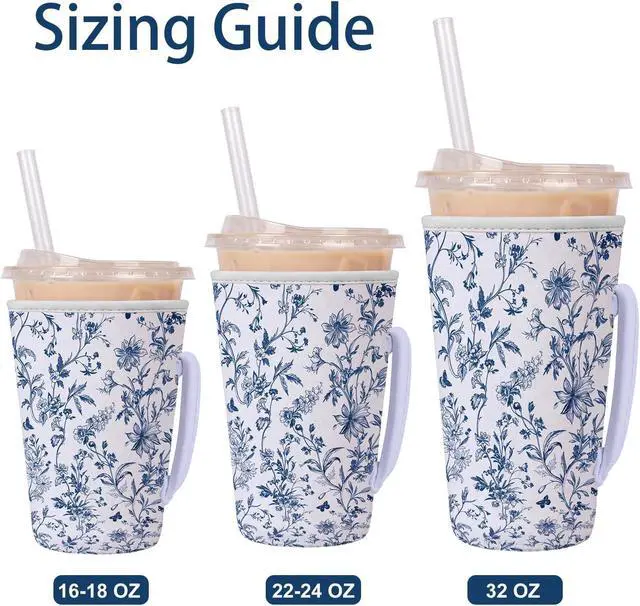Alt view image 2 of 6 - Blue Floral Reusable Insulated Iced Coffee Cup Sleeve, Blue and White Porcelain Style Drink Sleeve for Cold Beverages, Flower Insulated Cup Holder for Coffee (3 Size)