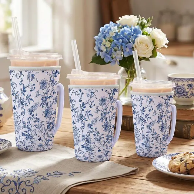 Alt view image 5 of 6 - Blue Floral Reusable Insulated Iced Coffee Cup Sleeve, Blue and White Porcelain Style Drink Sleeve for Cold Beverages, Flower Insulated Cup Holder for Coffee (3 Size)