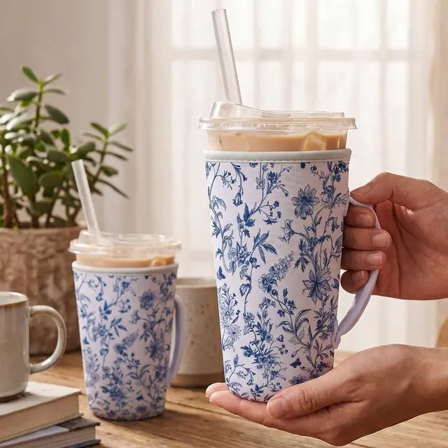 Alt view image 4 of 6 - Blue Floral Reusable Insulated Iced Coffee Cup Sleeve, Blue and White Porcelain Style Drink Sleeve for Cold Beverages, Flower Insulated Cup Holder for Coffee (3 Size)