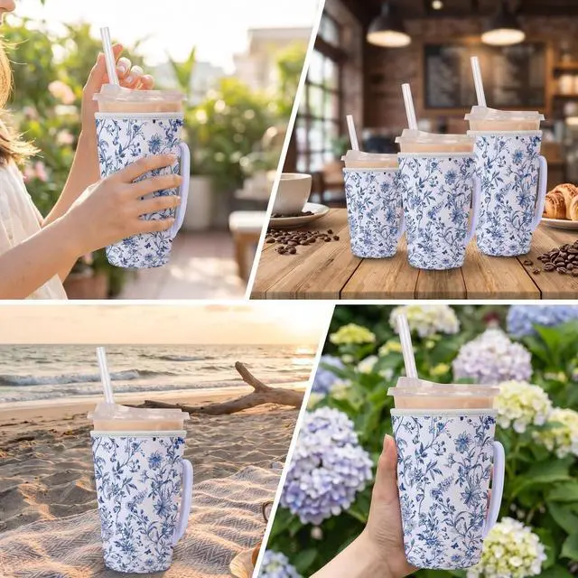 Alt view image 6 of 6 - Blue Floral Reusable Insulated Iced Coffee Cup Sleeve, Blue and White Porcelain Style Drink Sleeve for Cold Beverages, Flower Insulated Cup Holder for Coffee (3 Size)