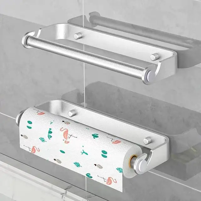 Alt view image 2 of 7 - Aheucndg Paper Towel Holder Wall Mount, Self Adhesive or Drill Mounting Paper Roll Holder, Paper Towel Holder Under Cabinet for Kitchen or Bathroom (Silvery 1pack)