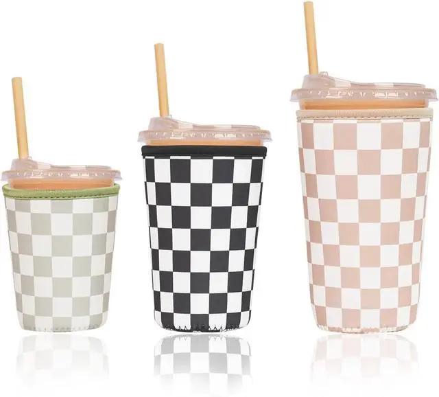 Main image of Reusable Insulated Neoprene Iced Coffee Cup Sleeve, Durable Drink Sleeve for Cold Beverages, Beverage Holder for Iced Coffee, Multi-Tone Checkers