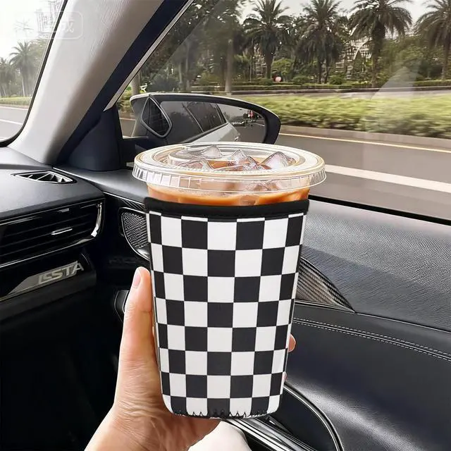 Alt view image 2 of 6 - Reusable Insulated Neoprene Iced Coffee Cup Sleeve, Durable Drink Sleeve for Cold Beverages, Beverage Holder for Iced Coffee, Multi-Tone Checkers