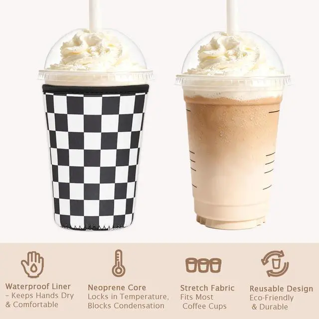 Alt view image 5 of 6 - Reusable Insulated Neoprene Iced Coffee Cup Sleeve, Durable Drink Sleeve for Cold Beverages, Beverage Holder for Iced Coffee, Multi-Tone Checkers