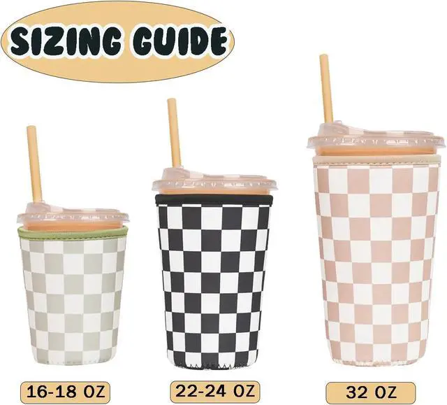 Alt view image 4 of 6 - Reusable Insulated Neoprene Iced Coffee Cup Sleeve, Durable Drink Sleeve for Cold Beverages, Beverage Holder for Iced Coffee, Multi-Tone Checkers