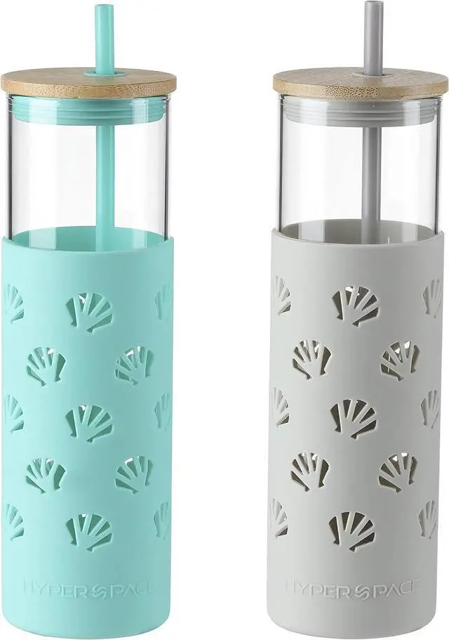 Main image of Hyperspace 20 OZ Glass Tumbler Glass Water Bottle with Silicone Protective Sleeve and Bamboo Lid, Travel Cups with Straw - BPA Free (Turquoise & Gray Shell, 2Pcs Pack)