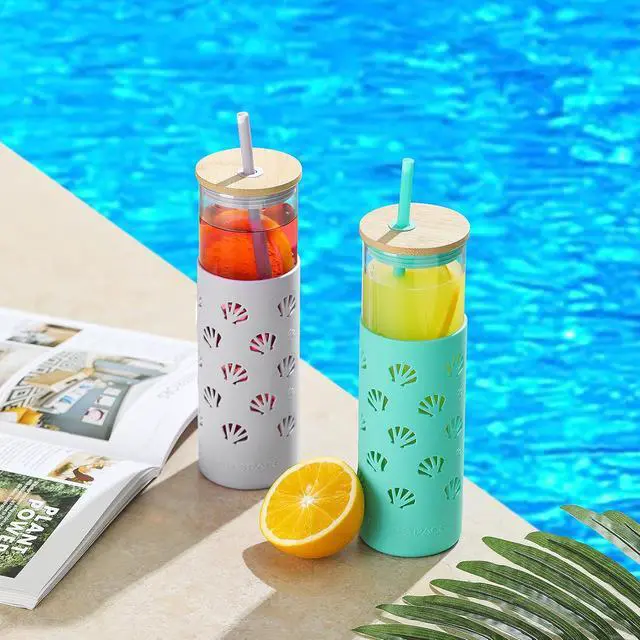 Alt view image 3 of 5 - Hyperspace 20 OZ Glass Tumbler Glass Water Bottle with Silicone Protective Sleeve and Bamboo Lid, Travel Cups with Straw - BPA Free (Turquoise & Gray Shell, 2Pcs Pack)