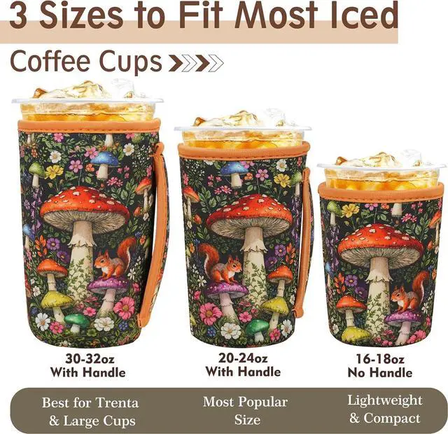 Alt view image 2 of 7 - KJQJLY 3 Pack Reusable Iced Coffee Sleeves with Handle Neoprene Insulated Cup Sleeves for Hot & Cold Drinks, Fits 1632 oz Cups, Compatible with Starbucks, Dunkin & More (mushroom)