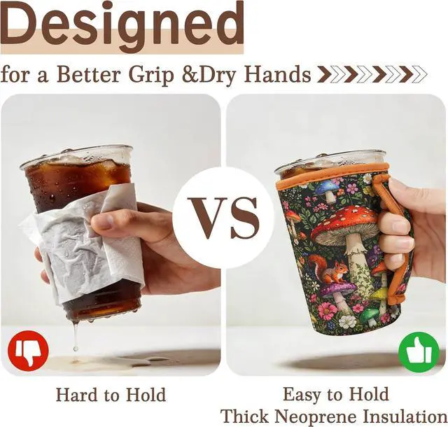 Alt view image 3 of 7 - KJQJLY 3 Pack Reusable Iced Coffee Sleeves with Handle Neoprene Insulated Cup Sleeves for Hot & Cold Drinks, Fits 1632 oz Cups, Compatible with Starbucks, Dunkin & More (mushroom)
