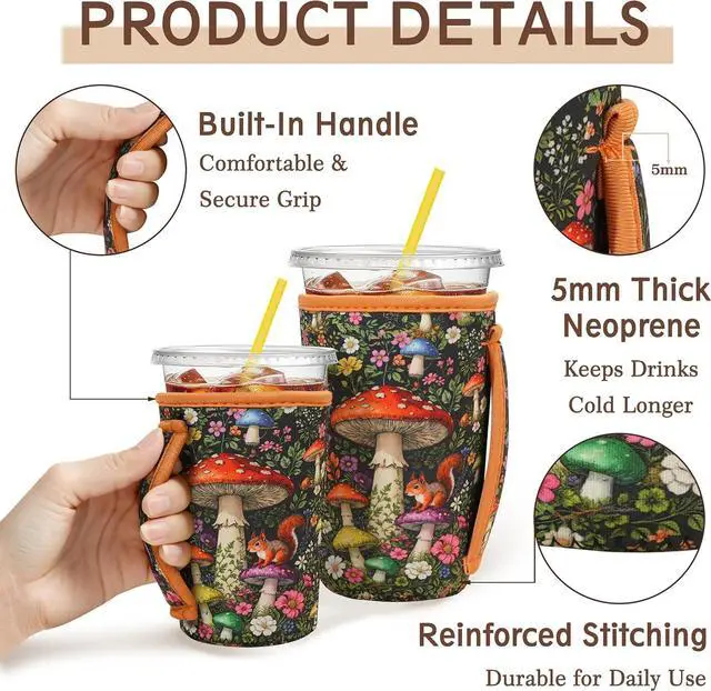 Alt view image 4 of 7 - KJQJLY 3 Pack Reusable Iced Coffee Sleeves with Handle Neoprene Insulated Cup Sleeves for Hot & Cold Drinks, Fits 1632 oz Cups, Compatible with Starbucks, Dunkin & More (mushroom)