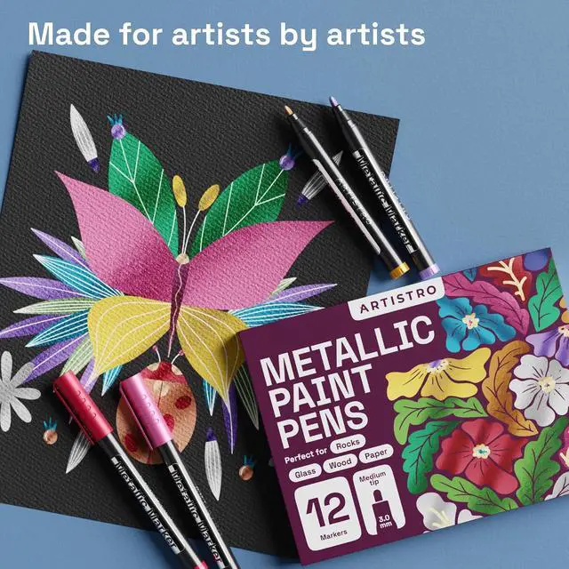 Alt view image 6 of 7 - ARTISTRO 12 Metallic Paint Pens for Glass Marking - Bullet Tip | Acrylic Paint Markers for Poster, Rock Painting, Ceramic, Wood, Fabric, Scrapbooking, DIY, Craft, Card Making, Coloring