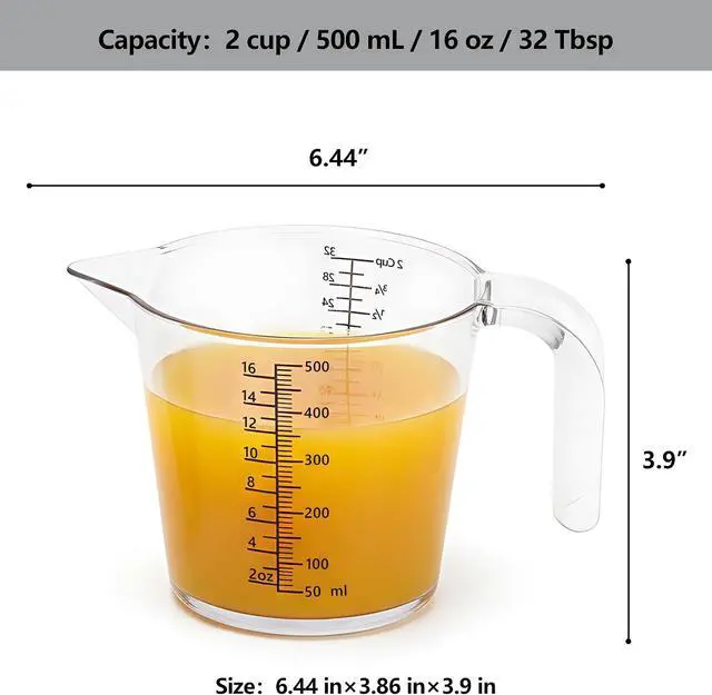 Alt view image 2 of 7 - 2 Cup (500ml) Measuring Cup, Laser-Etched oz/cup/mL/Tbsp, Plastic Measuring Cup with Handle for Cooking, Mixing & Kitchen Use