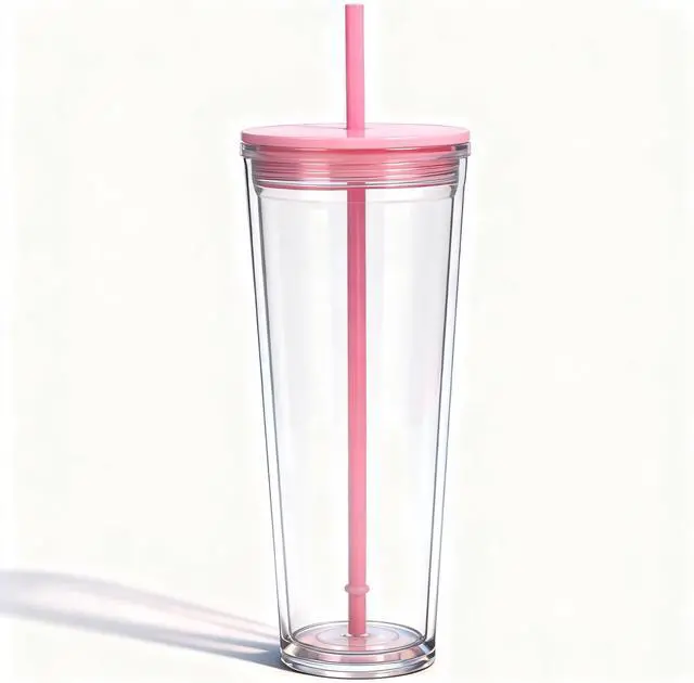 Main image of 24oz Tumbler with Lid and Straw, Leak Proof and Double Wall Insulated Reusable Plastic Cups,Travel Reusable Iced Coffee Cup (1, Pink)
