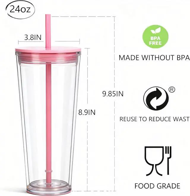 Alt view image 2 of 7 - 24oz Tumbler with Lid and Straw, Leak Proof and Double Wall Insulated Reusable Plastic Cups,Travel Reusable Iced Coffee Cup (1, Pink)