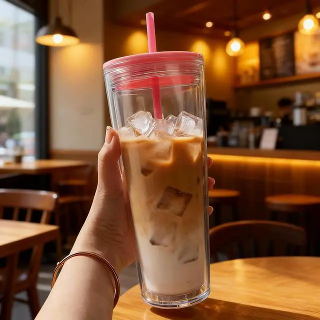 Alt view image 3 of 7 - 24oz Tumbler with Lid and Straw, Leak Proof and Double Wall Insulated Reusable Plastic Cups,Travel Reusable Iced Coffee Cup (1, Pink)