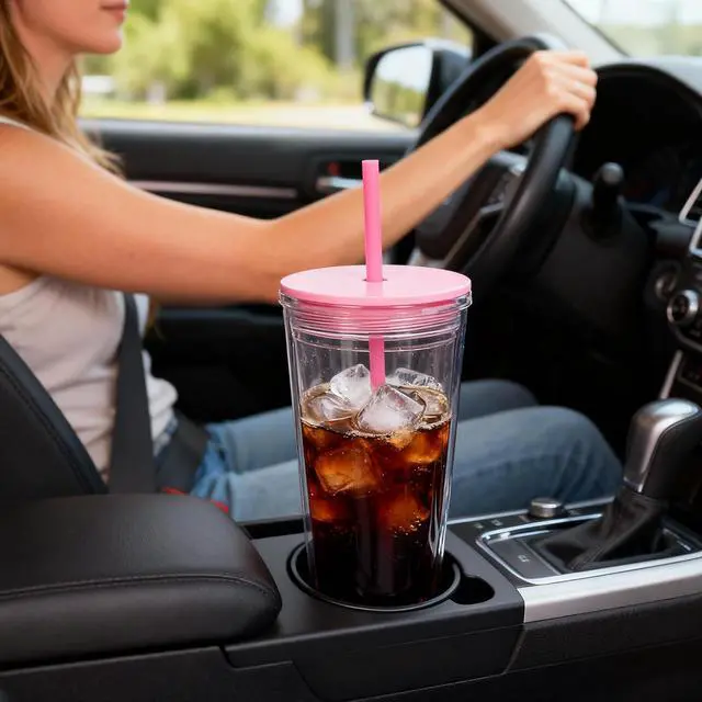 Alt view image 6 of 7 - 24oz Tumbler with Lid and Straw, Leak Proof and Double Wall Insulated Reusable Plastic Cups,Travel Reusable Iced Coffee Cup (1, Pink)