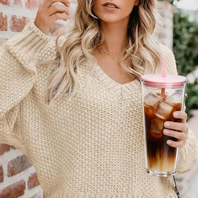 Alt view image 4 of 7 - 24oz Tumbler with Lid and Straw, Leak Proof and Double Wall Insulated Reusable Plastic Cups,Travel Reusable Iced Coffee Cup (1, Pink)