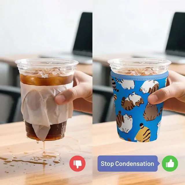 Alt view image 4 of 7 - Iced Coffee Sleeve Reusable Neoprene Cup Sleeves, Cute Cat | Ice Coffee Sleeve, Insulated Cold Drinks Covers, Fits Most Cups