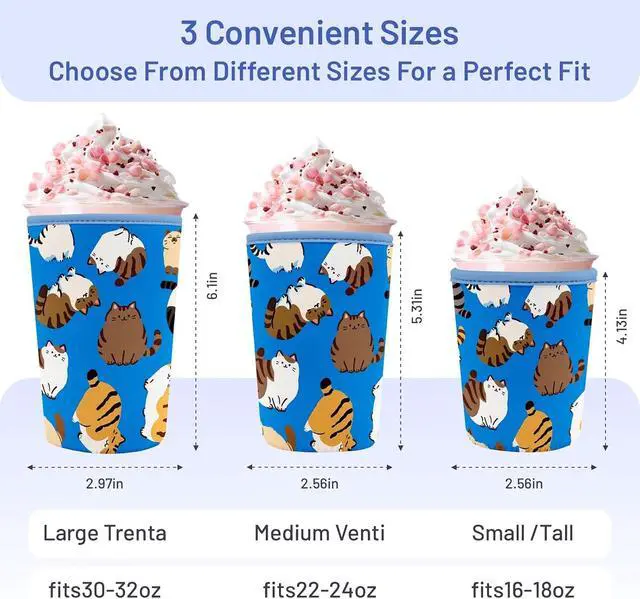 Alt view image 3 of 7 - Iced Coffee Sleeve Reusable Neoprene Cup Sleeves, Cute Cat | Ice Coffee Sleeve, Insulated Cold Drinks Covers, Fits Most Cups