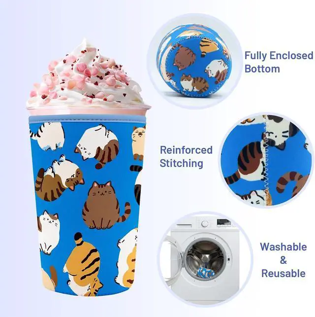 Alt view image 5 of 7 - Iced Coffee Sleeve Reusable Neoprene Cup Sleeves, Cute Cat | Ice Coffee Sleeve, Insulated Cold Drinks Covers, Fits Most Cups
