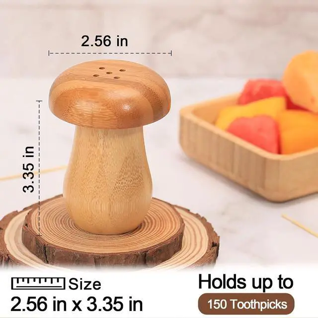 Alt view image 2 of 7 - Mushroom Toothpick Holder with 150 Toothpicks, Bamboo Wooden Toothpick Dispenser Container for Kitchen Accessories, Cute Mushroom Decor for Warm and Unique Gifts