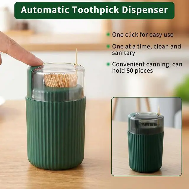 Alt view image 2 of 7 - Pop-Up Automatic Toothpick Dispenser Luxury Push-Button Portable Toothpick Holder, Pop-Out Toothpick Jar for Home & Outdoor Use, Compact Tabletop Dispenser (Dark Green)