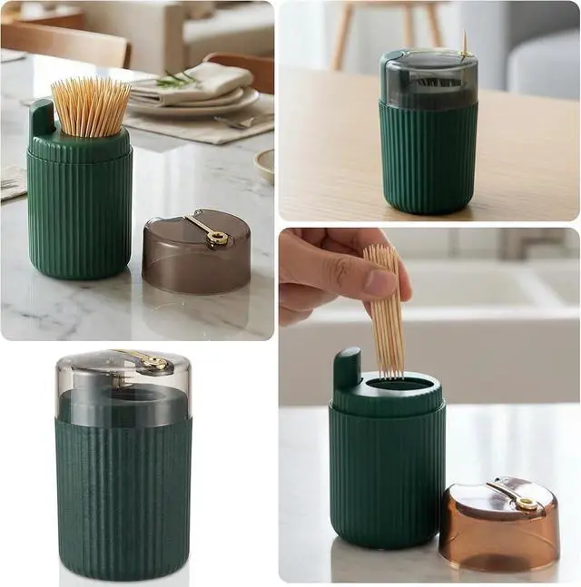 Alt view image 6 of 7 - Pop-Up Automatic Toothpick Dispenser Luxury Push-Button Portable Toothpick Holder, Pop-Out Toothpick Jar for Home & Outdoor Use, Compact Tabletop Dispenser (Dark Green)
