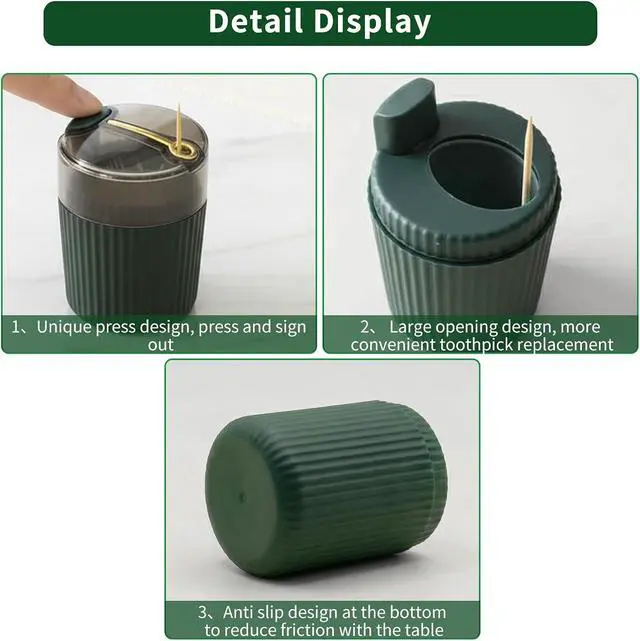Alt view image 5 of 7 - Pop-Up Automatic Toothpick Dispenser Luxury Push-Button Portable Toothpick Holder, Pop-Out Toothpick Jar for Home & Outdoor Use, Compact Tabletop Dispenser (Dark Green)