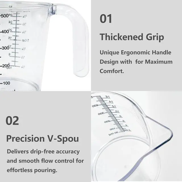 Alt view image 3 of 7 - 16 oz (2 Cup) Liquid Measuring Cup, Food-Grade Plastic Measuring Cup with Laser-Etched Markings, Clear Single Measuring Cup