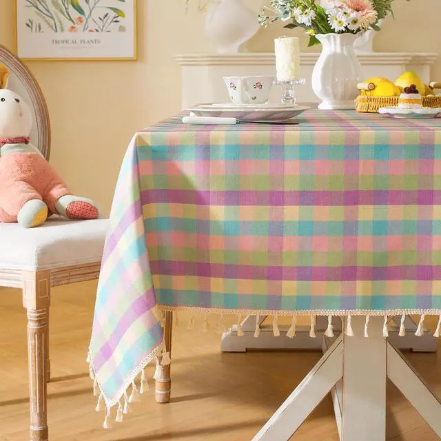 Main image of Laolitou Easter Checkered Tablecloth Rectangle Washable Buffalo Plaid Spring Table Cloth with Tassel Gingham Table Cover for Dining Room, Easter Color, Rectangle, 55''x70'', 4-6 Seats