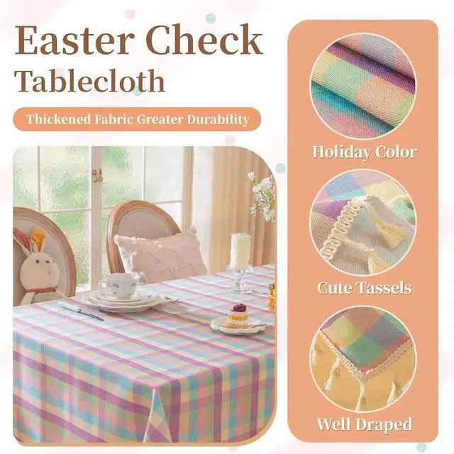 Alt view image 4 of 6 - Laolitou Easter Checkered Tablecloth Rectangle Washable Buffalo Plaid Spring Table Cloth with Tassel Gingham Table Cover for Dining Room, Easter Color, Rectangle, 55''x70'', 4-6 Seats