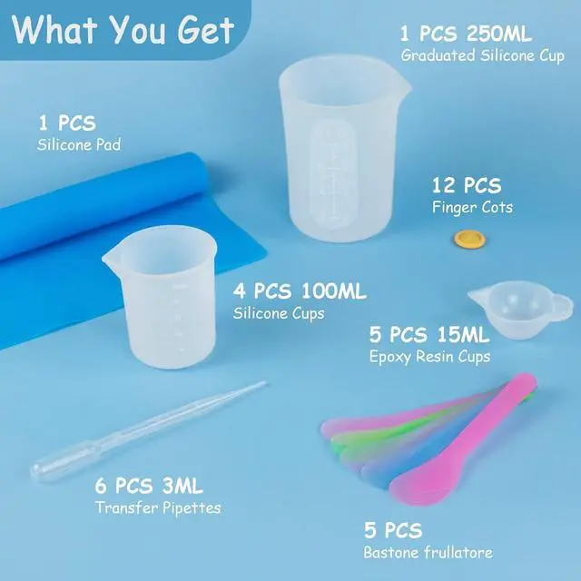 Alt view image 2 of 6 - Creahaus Silicone Measuring Cups Tool Kit for Resin, Non-Stick 250 & 100ml Epoxy Mixing Cups, Reusable Resin Supplies with Silicone Mat, Stir Sticks, Pipettes, Cups for Molds, Jewelry Making