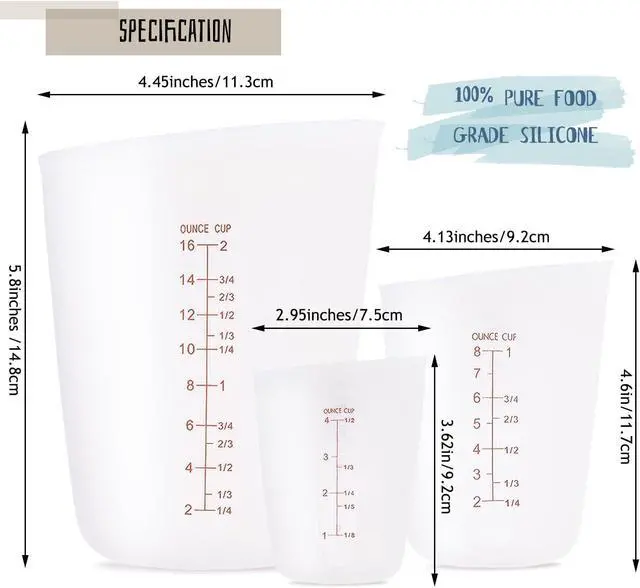 Alt view image 2 of 7 - 3 PCS Silicone Flexible Measuring Cups,2 Cup&1 Cup&1/2 Cup | Squeeze and Pour Melting Cups with Marking Ounce/ML for Epoxy Resin,Butter,Chocolate