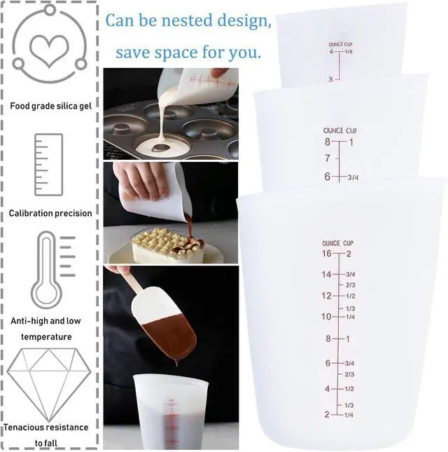 Alt view image 5 of 7 - 3 PCS Silicone Flexible Measuring Cups,2 Cup&1 Cup&1/2 Cup | Squeeze and Pour Melting Cups with Marking Ounce/ML for Epoxy Resin,Butter,Chocolate