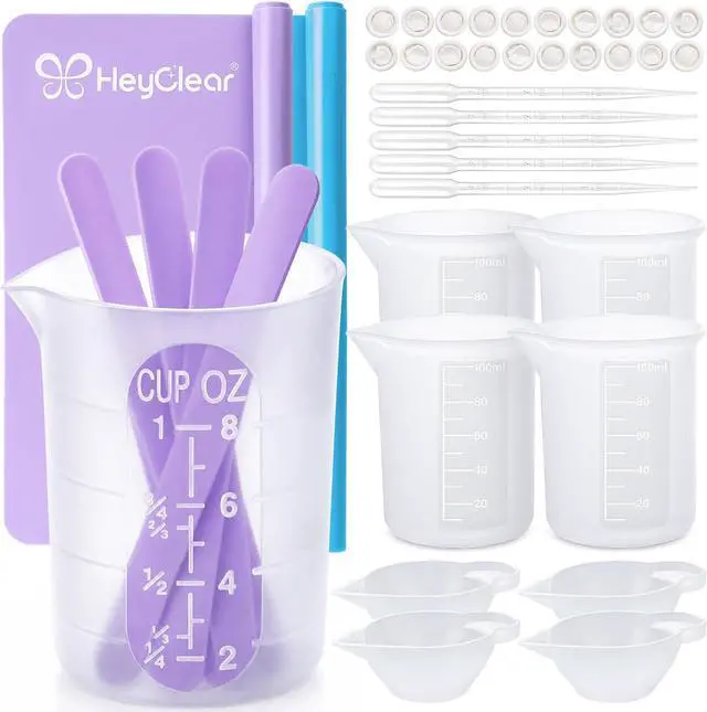 Main image of HeyClear Silicone Measuring Cups Kit for Epoxy Resin 250&100ml Mixing Cups | Resin tools with Mats, Stir Sticks, Dropper Pipettes, Finger Cots for Epoxy Resin Crafting, Resin Molds, Jewelry Making